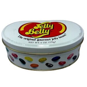 Jelly Belly Vintage 6oz Bean Shaped Collector Tin White Red 22 Twist Flavors